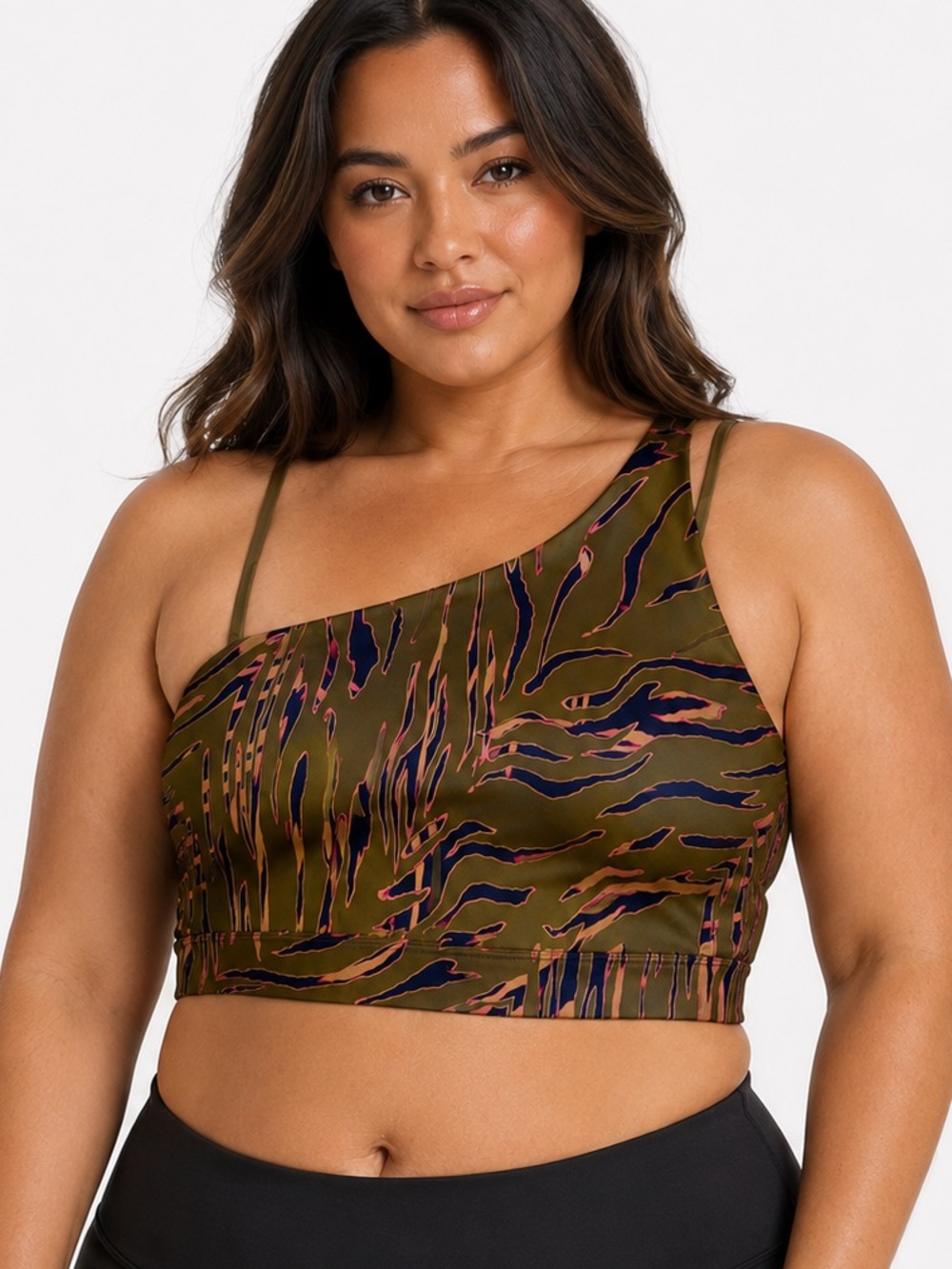 JoyLab One Shoulder Sports Bra Olive Abstract Print Size Large Athletic Top NWOT